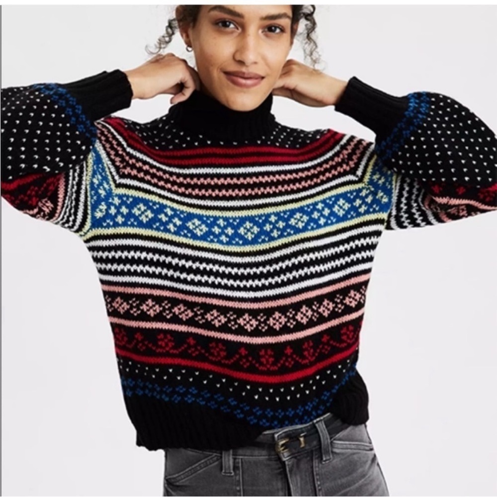 American Eagle Mock Neck Sweater Rainbow Stripe Fair Isle Balloon Sleeve XS